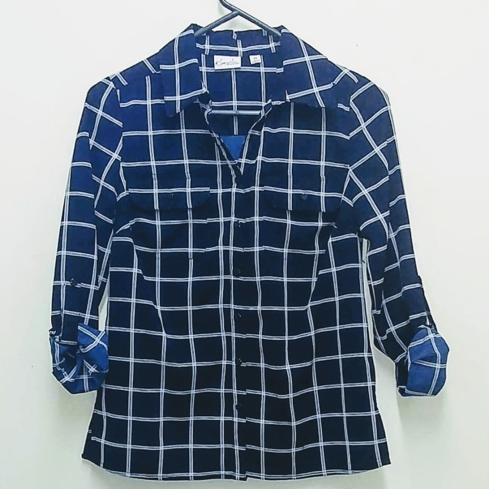 Navy Blue & White Button up Blouse